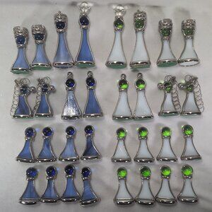 Vintage Royal Leaded Stained Glass Chess Set COMPLETE 32 Pieces Blue Green White